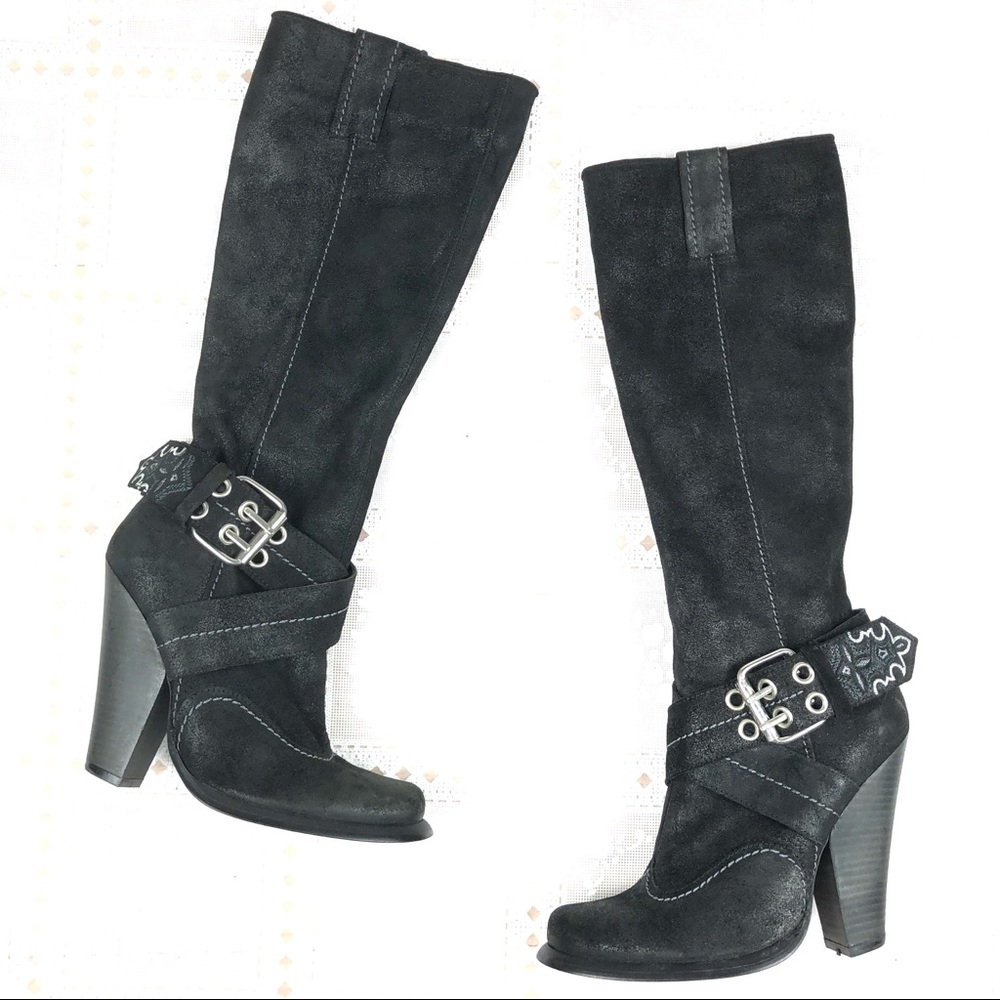 ANTIK DENIM black textured suede boots harness 6
